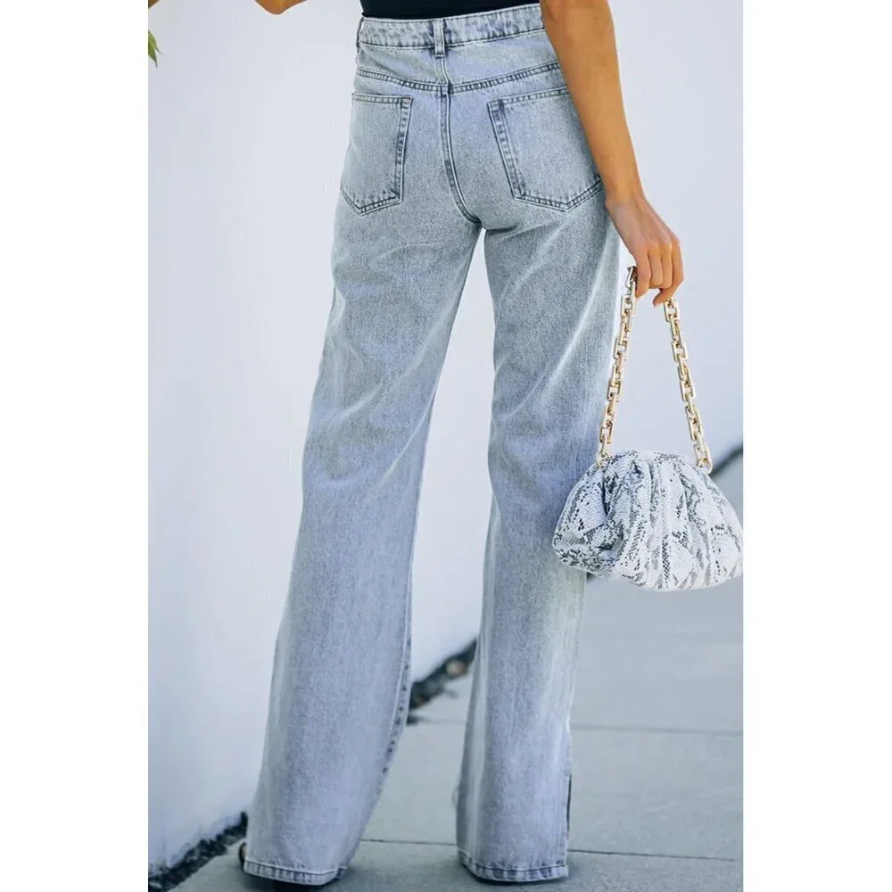 Women's Ripped High Waist Flared Wide Leg Denim Jeans Casual Trendy